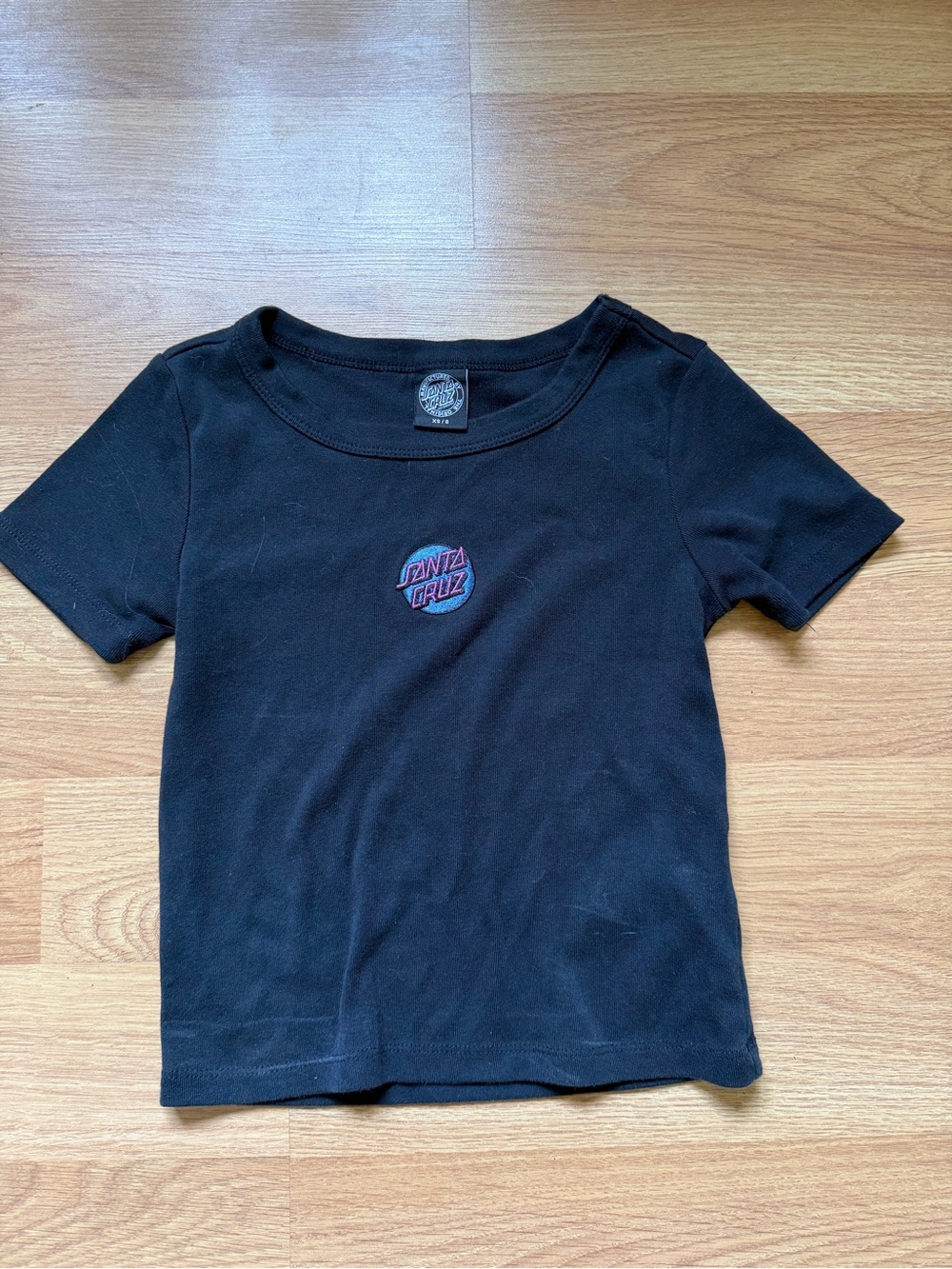 Santa Cruz Skateboards Black Tee with Small Pink-Blue Logo